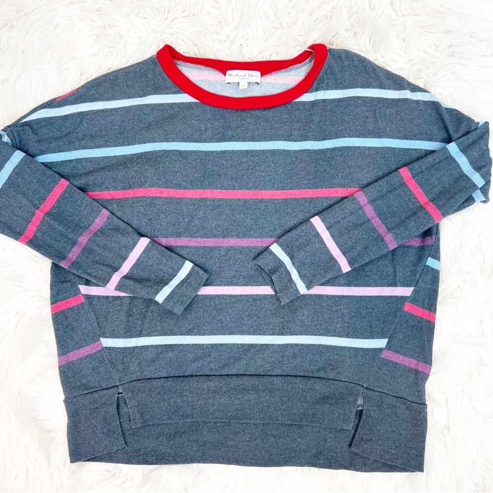 MICHAEL STARS BLUE GRAY STRIPE LONG SLEEVE BANDED HEM SHIRT WOMENS SZ XS